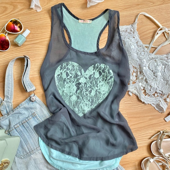 Women’s Black Sheer Tank with Turquoise Heart Print - Picture 2 of 8